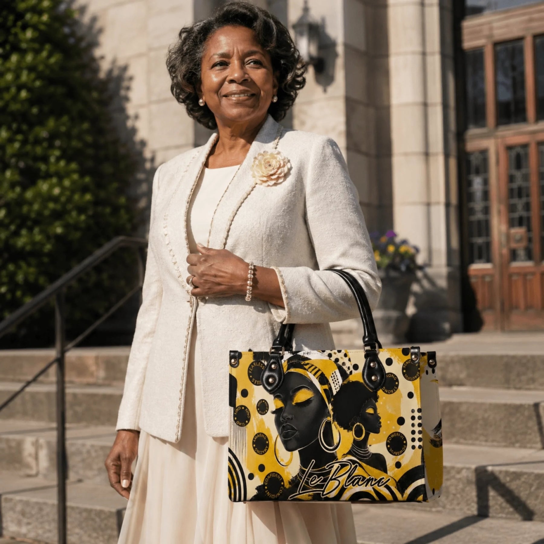 An elegant older woman holding a uniquely designed handbag featuring artistic Black woman portraits and motifs.