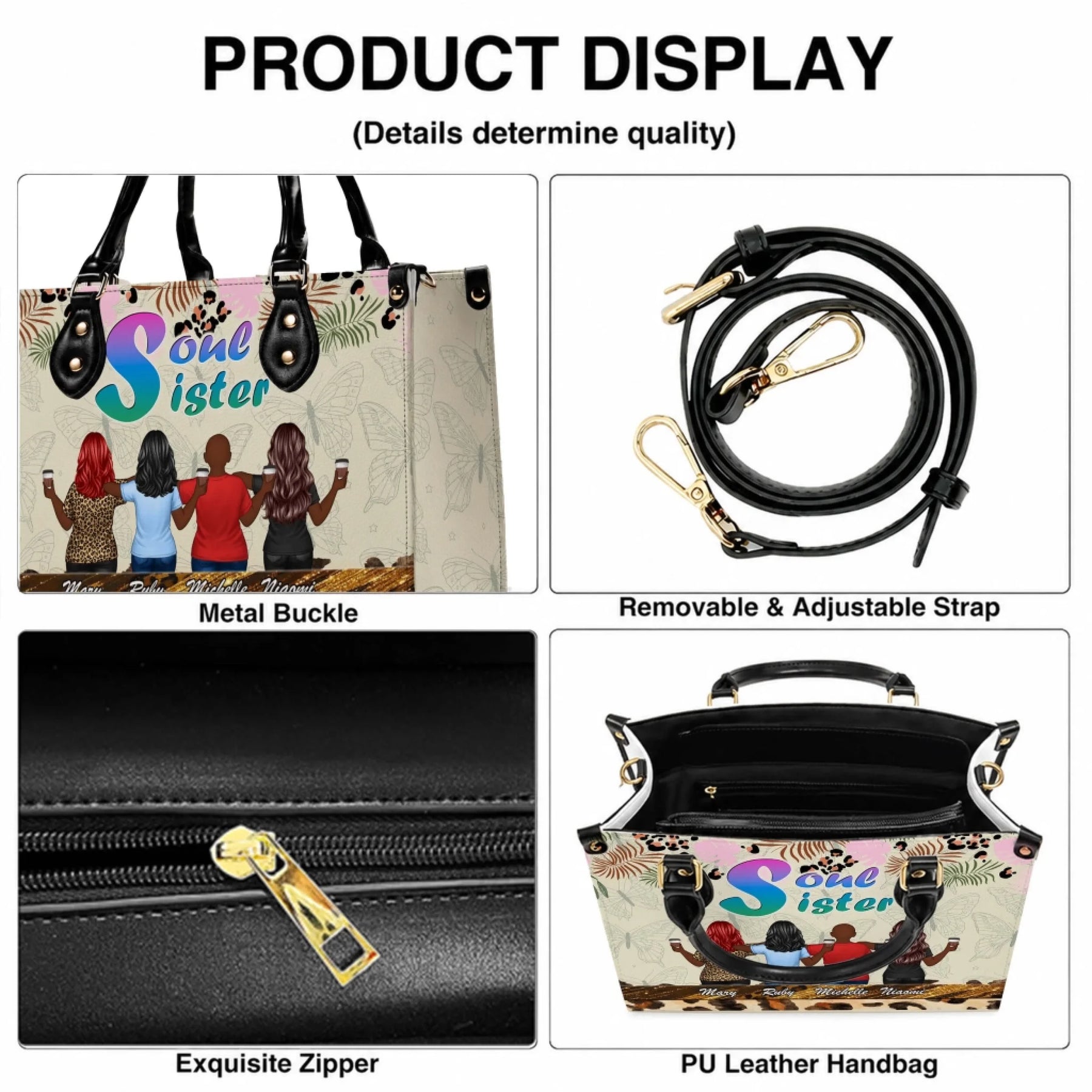 Close up product display showing the removable adjustable strap, metal buckles, and high quality zipper of the custom Soul Sister PU leather handbag.