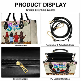 Close up product display showing the removable adjustable strap, metal buckles, and high quality zipper of the custom Soul Sister PU leather handbag.