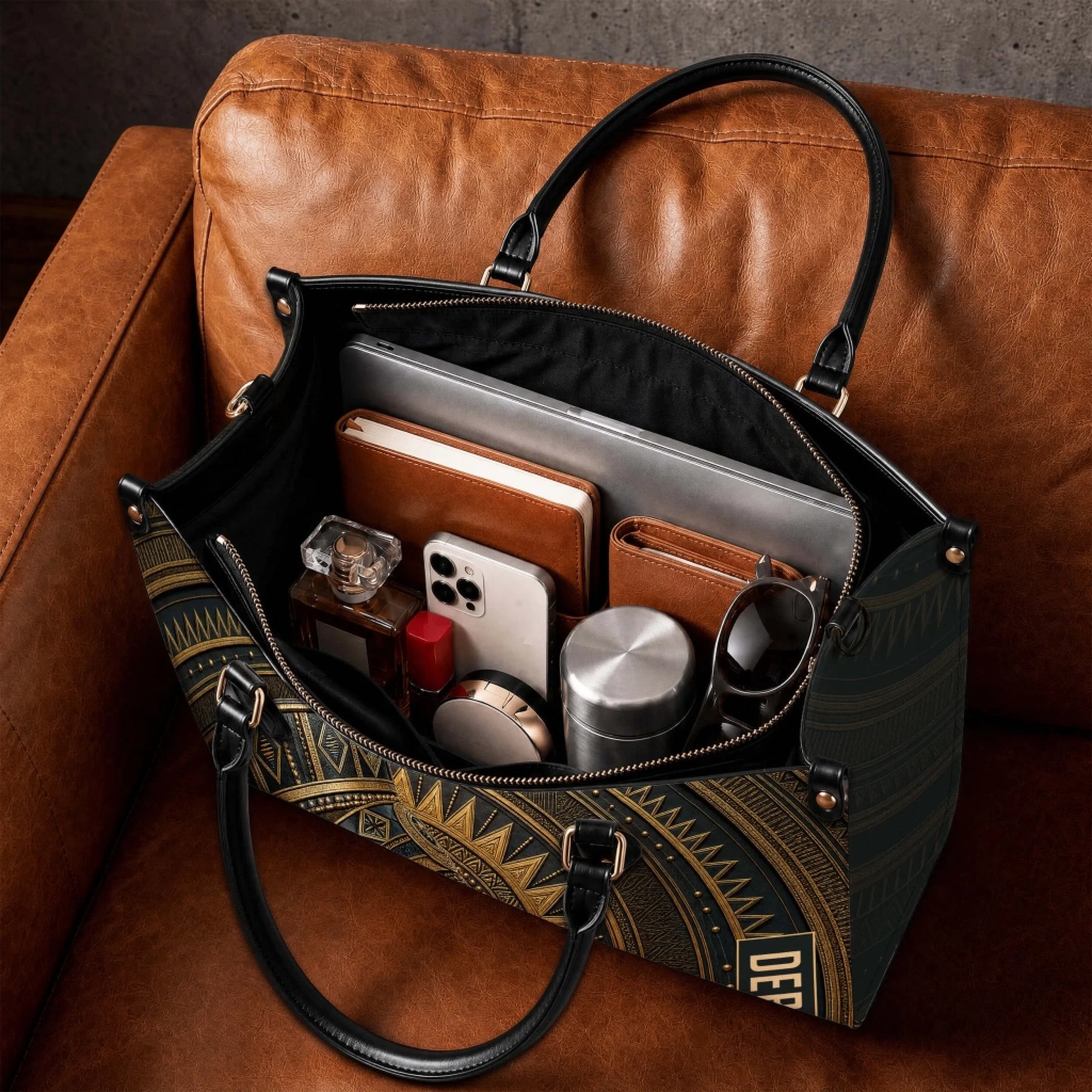 Spacious interior of a custom African queen tote bag filled with a laptop notebook phone and everyday essentials.