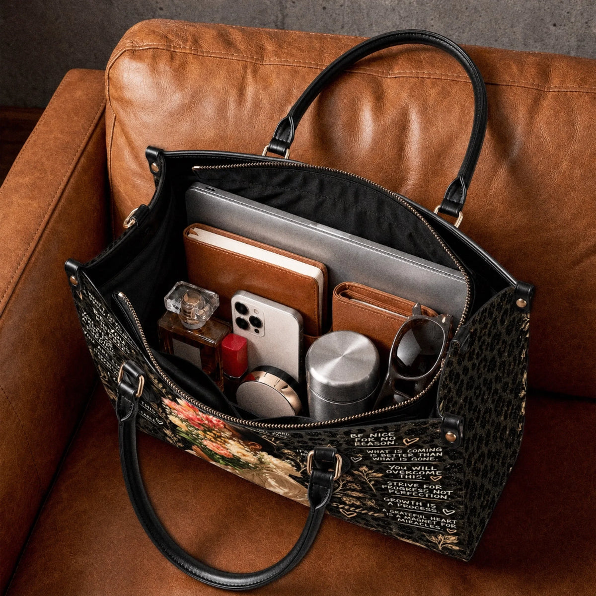 Spacious personalized floral leopard print tote bag filled with a laptop notebook and daily accessories for work.