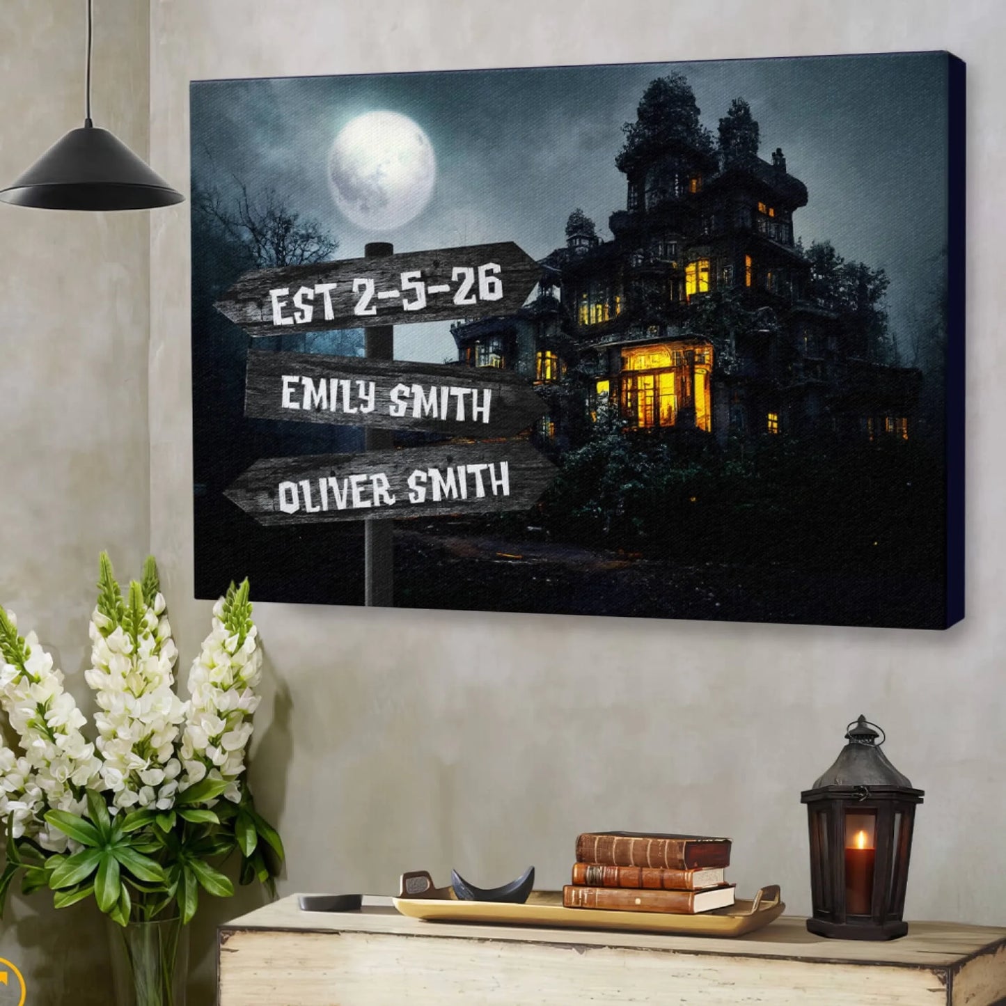 Customized haunted house canvas wall art showing Emily Smith and Oliver Smith names and establishment date perfect for Halloween.