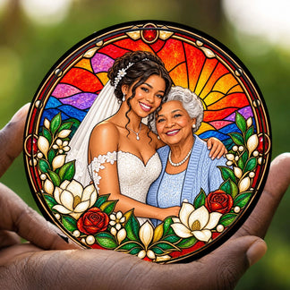 A colorful stained glass circular suncatcher with a portrait of a bride and her grandmother, perfect as a wedding keepsake.