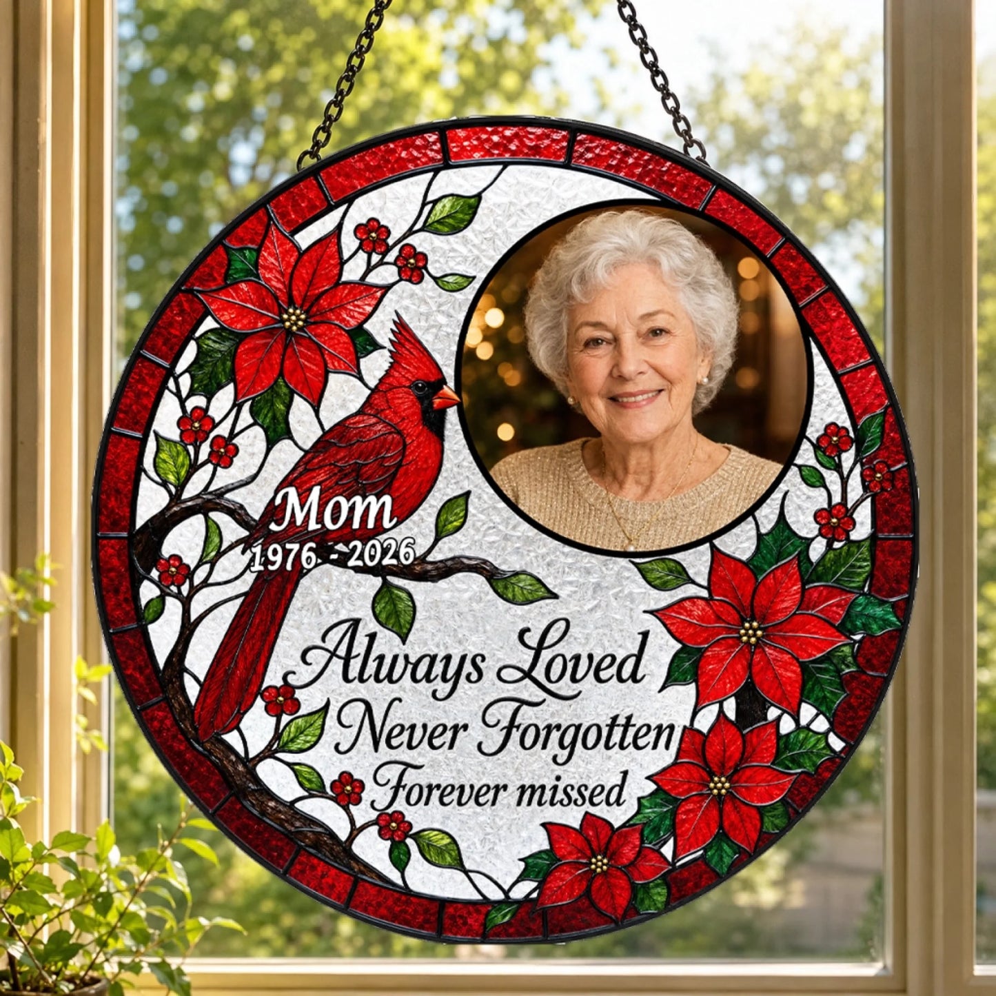 Circular cardinal stained glass suncatcher with a personalized photo memorial dates and a touching sympathy message