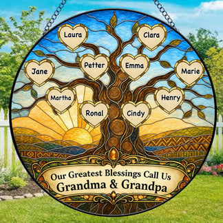 Stained glass family tree suncatcher featuring heart shaped name tags, a beautiful personalized decor gift for home.