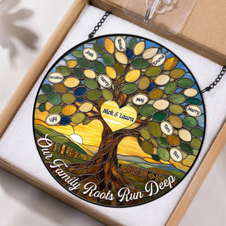 Personalized family tree stained glass suncatcher featuring custom names in an elegant circular tree design.