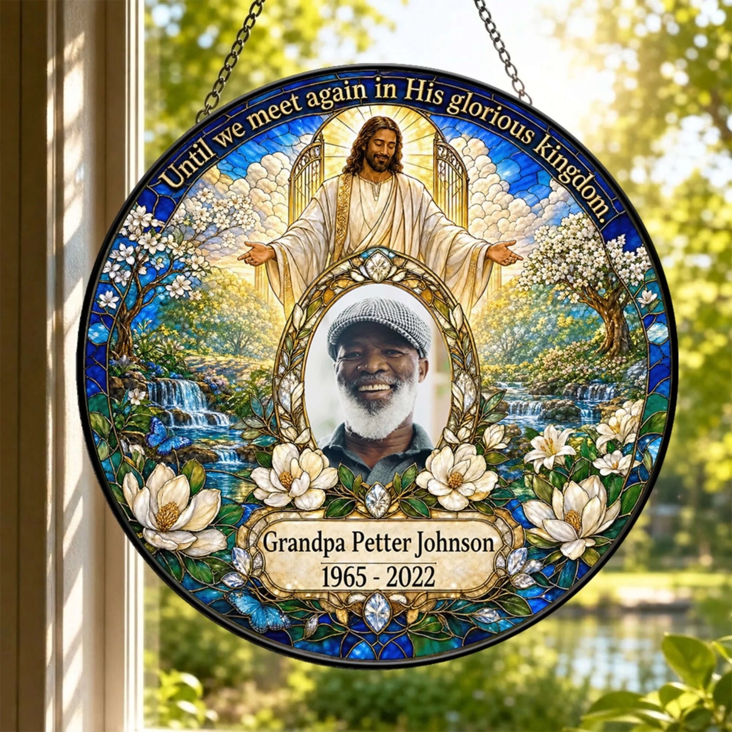 Customized memorial gift suncatcher with Jesus illustration, personalized photo, and Grandpa Petter Johnson name.