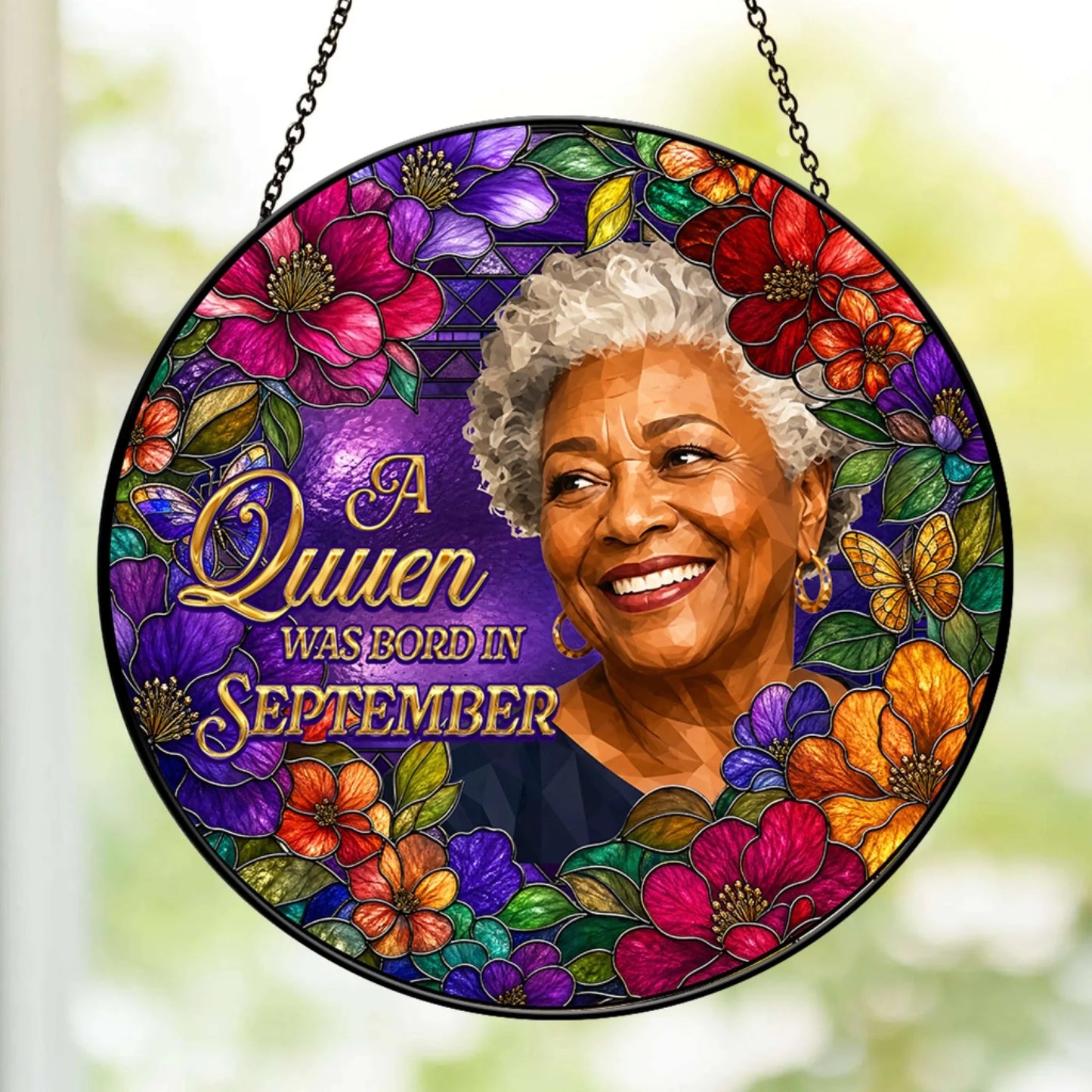 Round stained glass style suncatcher with a portrait and custom September birthday text, perfect for home decor gifts.