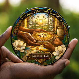 Beautiful stained glass suncatcher gift featuring the text The Hands That Build Generations and Grandma Evie.