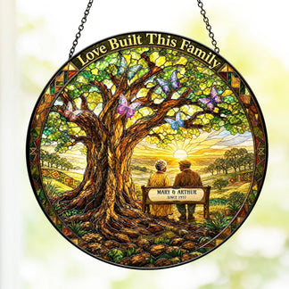 Custom suncatcher with a beautiful tree of life design and personalized bench text as a sentimental anniversary memorial gift.