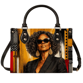 This stylish shoulder bag features a striking art print of a sophisticated African American woman in sunglasses and gold accessories.