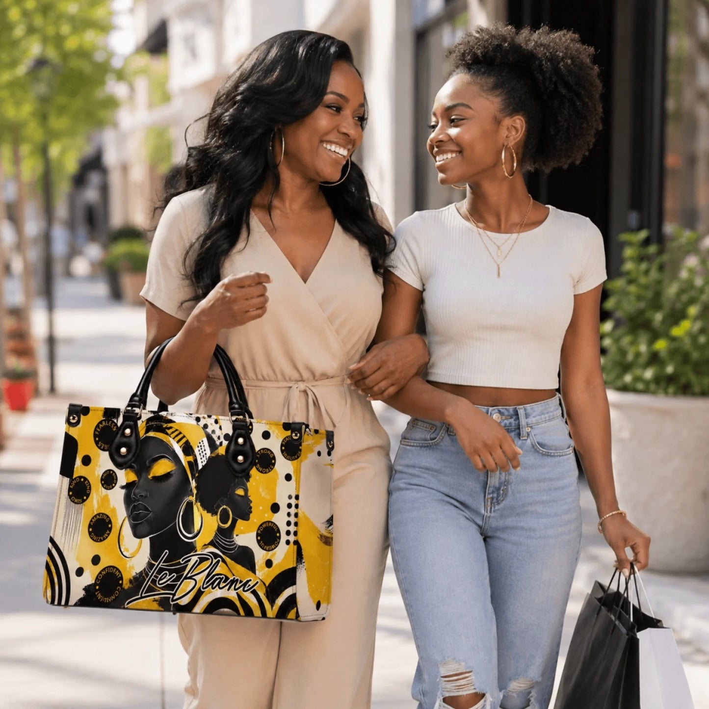 Two friends carrying a chic, artistically designed Black woman themed handbag while shopping together on a sunny day.
