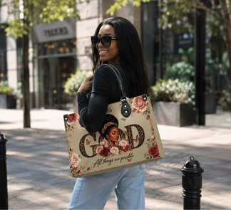 A woman carrying a sophisticated PU leather handbag with elegant flower details and an uplifting religious quote design.