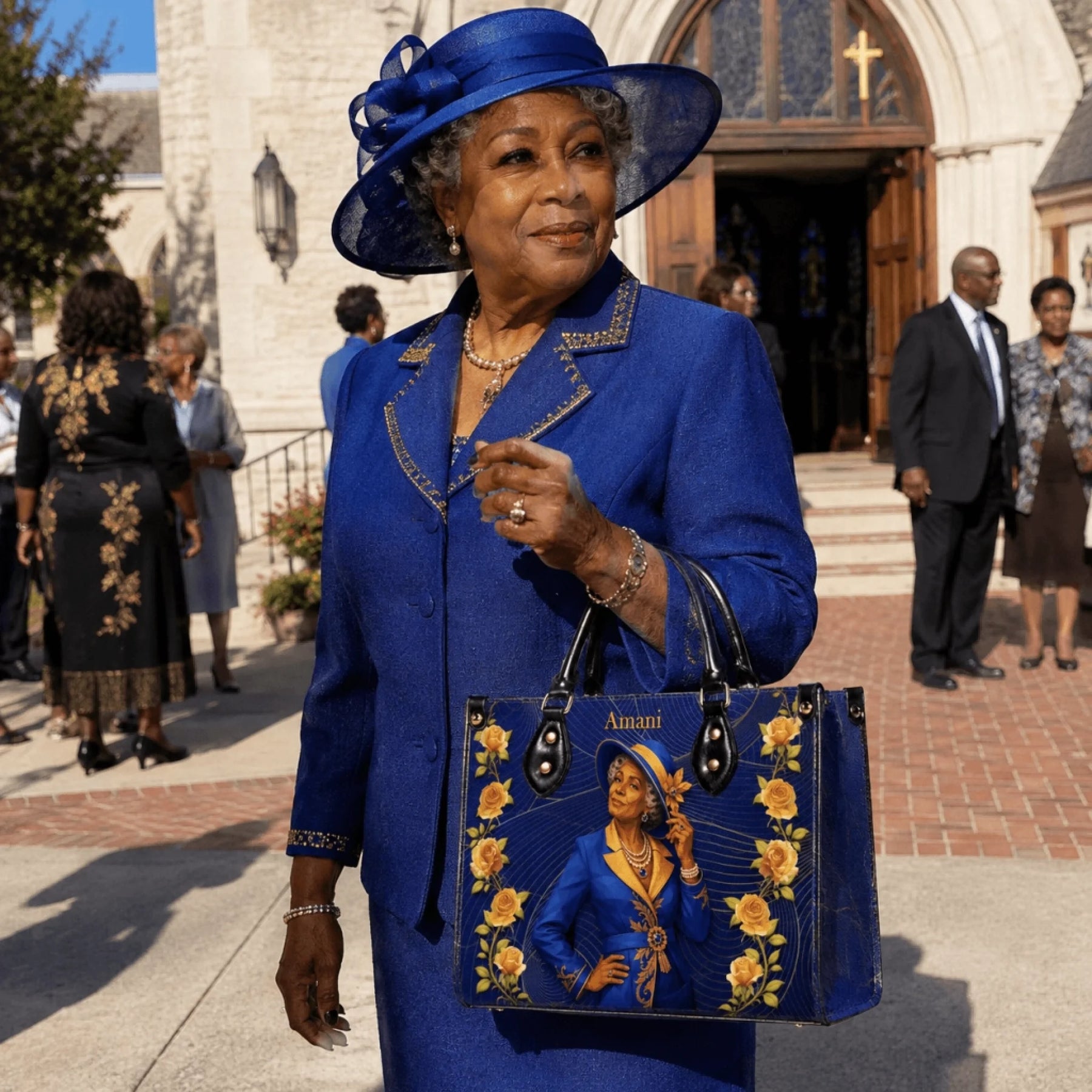 Sophisticated senior woman in a blue suit carrying a custom handbag with her portrait and rose floral design.