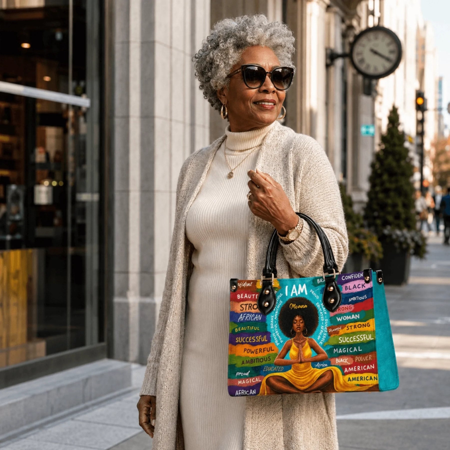 An elegant older woman carrying a custom handbag with a black woman meditating and motivational words in a street setting.