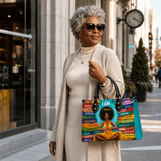An elegant older woman carrying a custom handbag with a black woman meditating and motivational words in a street setting.