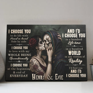 Personalized romantic canvas wall art featuring a sugar skull couple, perfect as an anniversary or wedding gift.