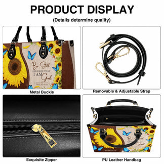 Product feature display of a personalized religious handbag with sunflowers, including adjustable strap and interior zipper.