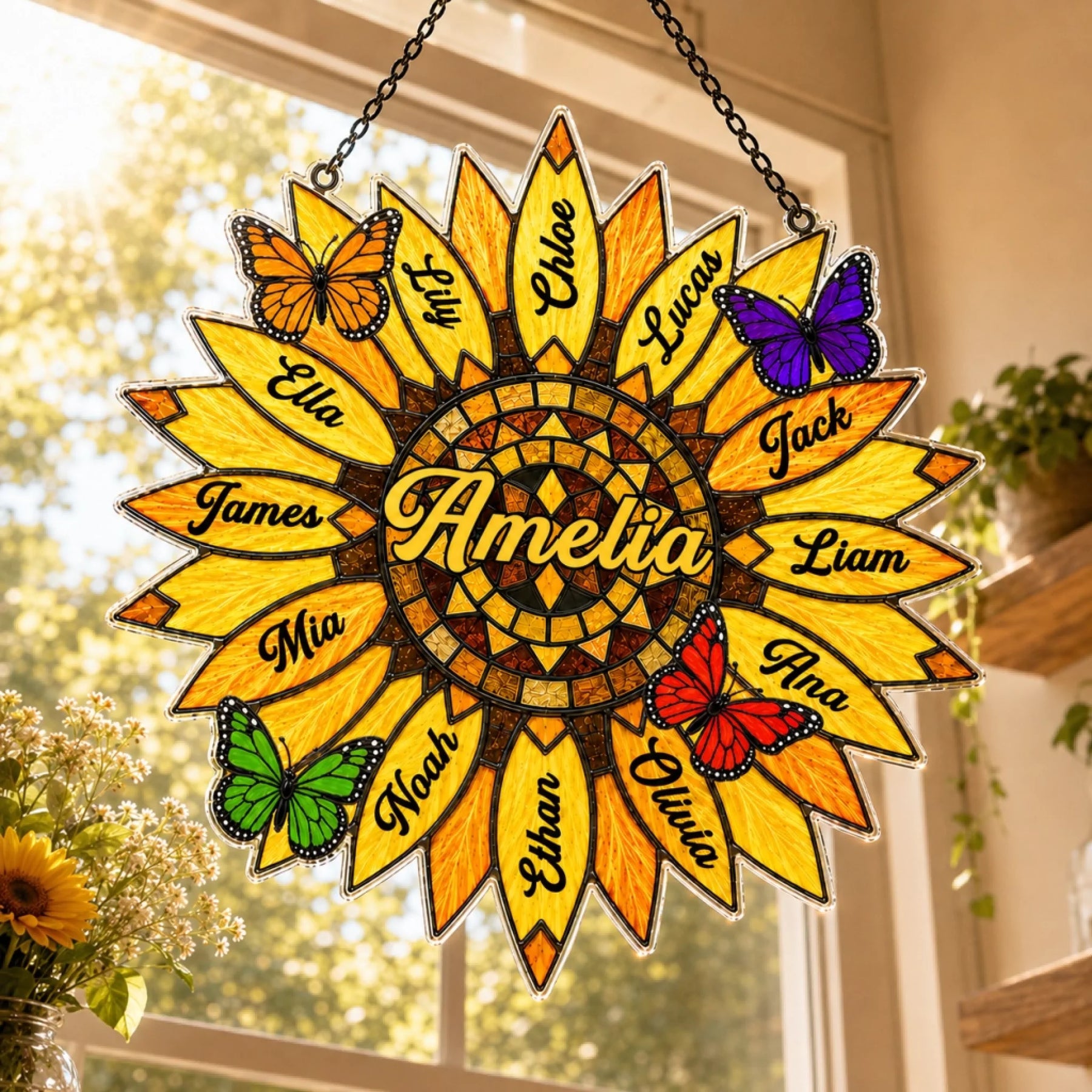 Decorative sunflower-shaped wall hanging with names and butterflies on a window background