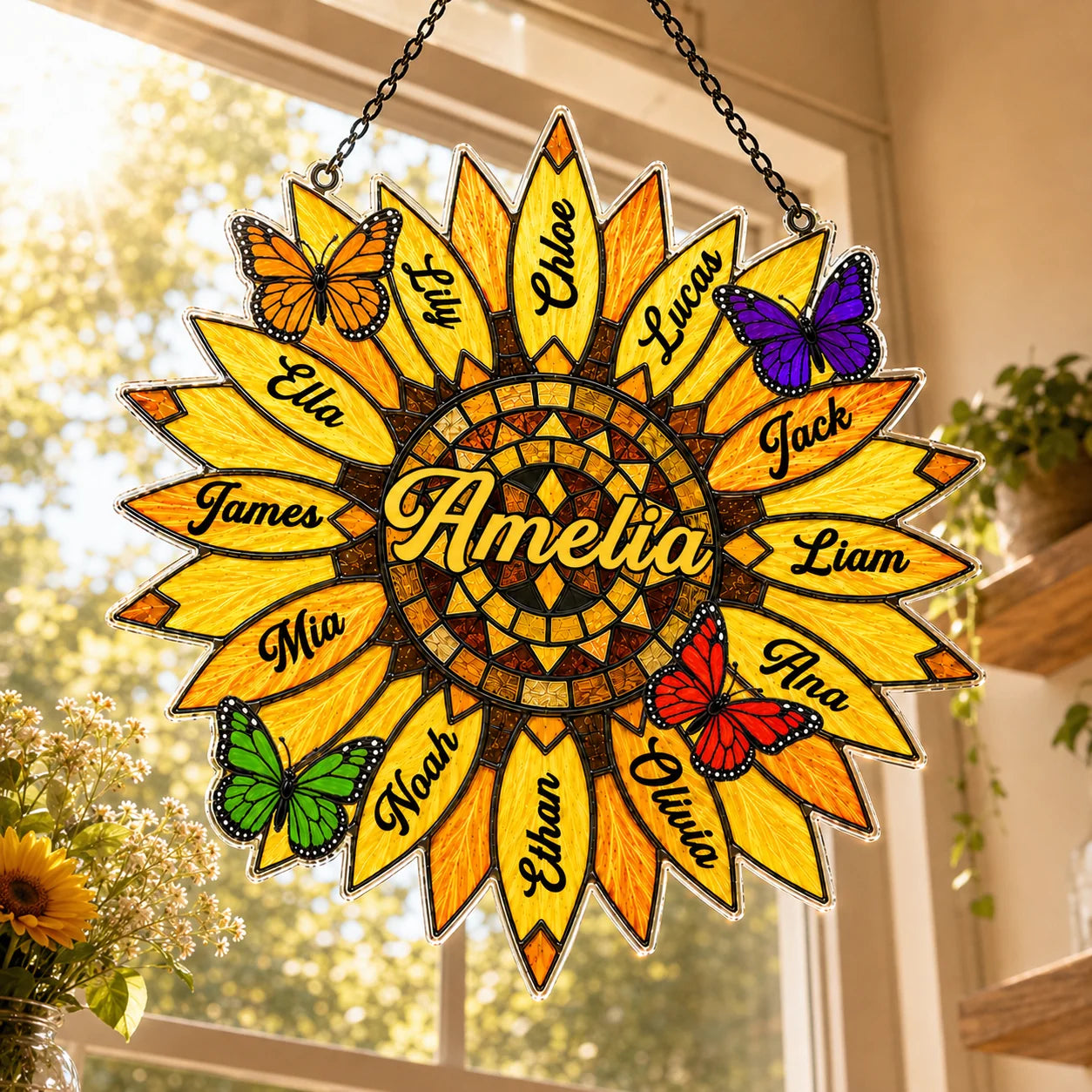 Decorative sunflower-shaped wall hanging with names and butterflies on a window background