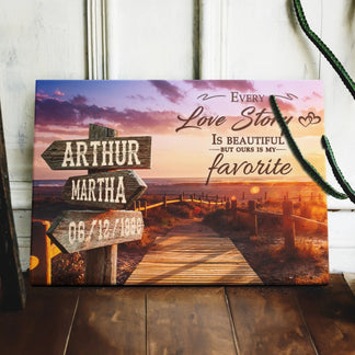 Personalized sunset beach canvas wall decor with custom names and date, a romantic gift choice for wedding anniversaries.