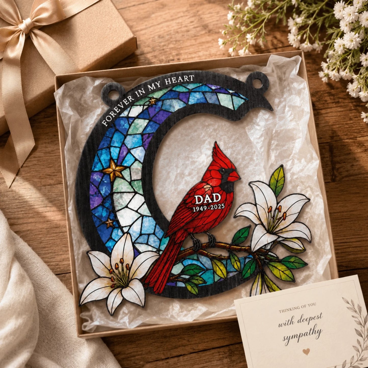 Thoughtful memorial gift set including a cardinal acrylic suncatcher for sympathy and loss of a loved one.
