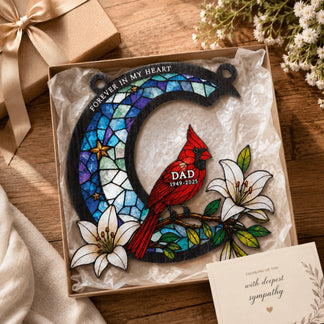 Thoughtful memorial gift set including a cardinal acrylic suncatcher for sympathy and loss of a loved one.