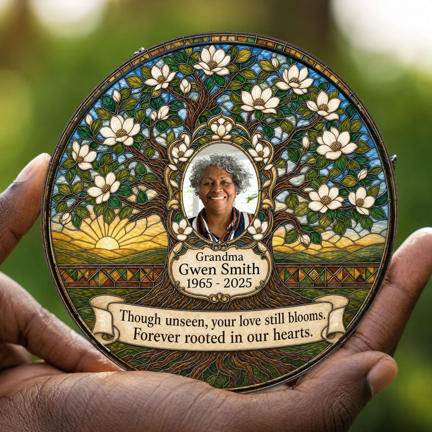 Handheld personalized memorial suncatcher with a magnolia tree design and custom text as a meaningful sympathy gift.