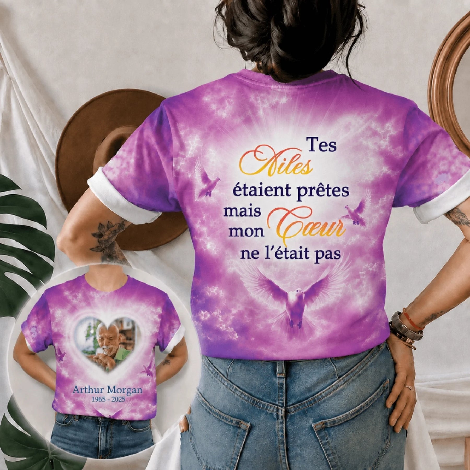 T-shirt deuil personnalise avec photo, colombes et citation Tes Ailes etaient pretes mais mon Coeur ne l etait pas.