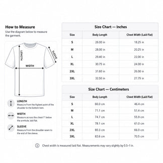 A detailed size chart for custom t-shirts showing body length and chest width measurements in inches and centimeters.