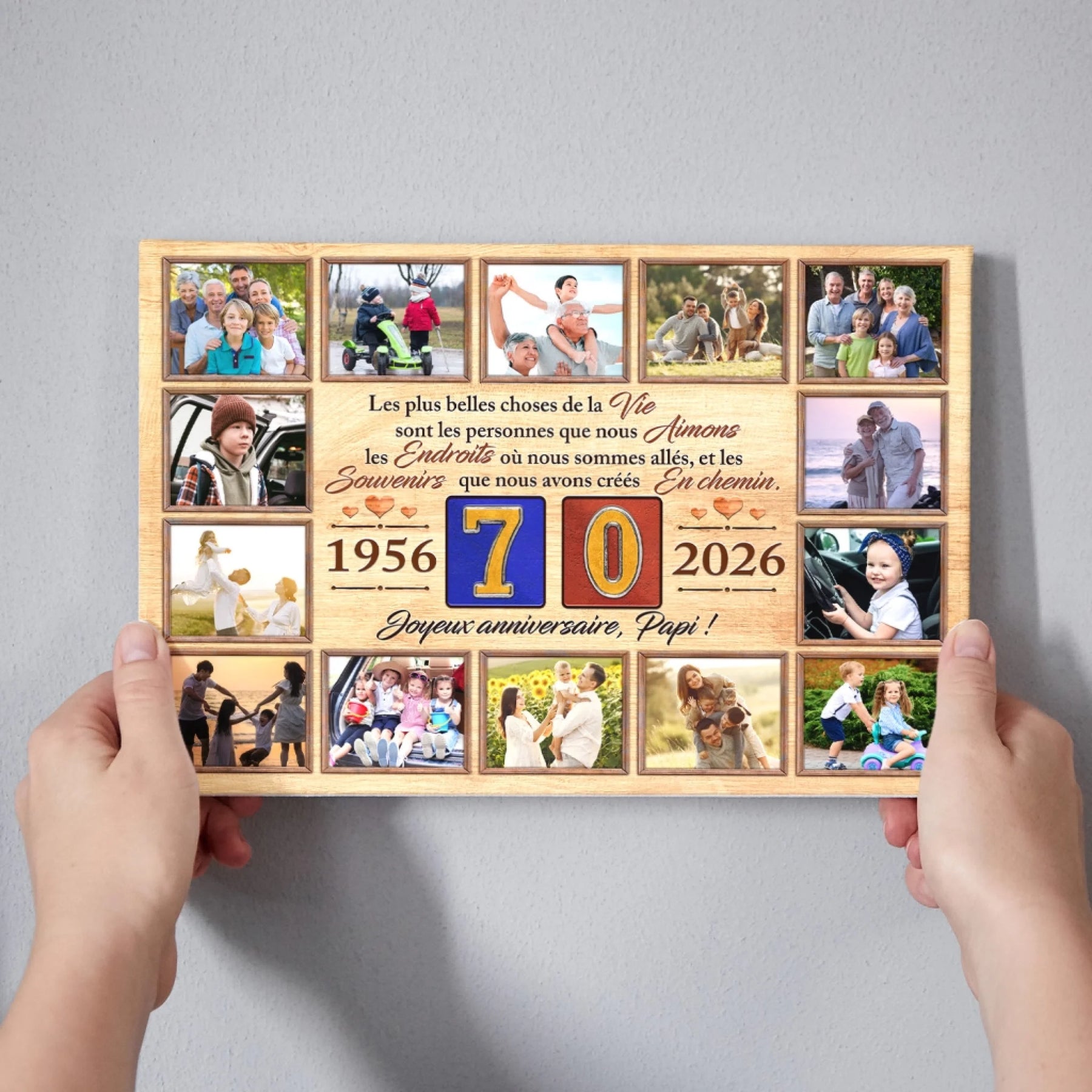 Tableau mural avec photos de famille personnalisées pour marquer 70 ans de bonheur, dates 1956 2026 incluses.