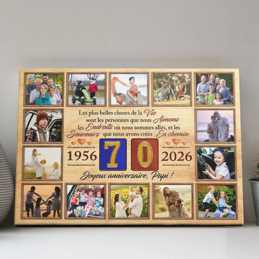 Tableau personnalisé avec photos de famille et texte pour un 70e anniversaire de papi avec les dates 1956 2026.