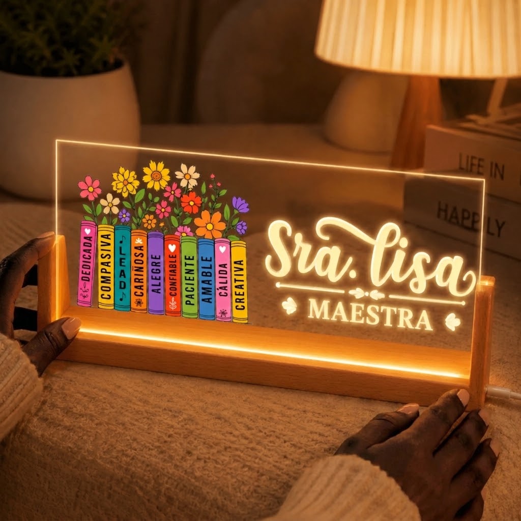 Hands holding a custom acrylic LED light plaque for teacher appreciation featuring Sra Lisa and floral books