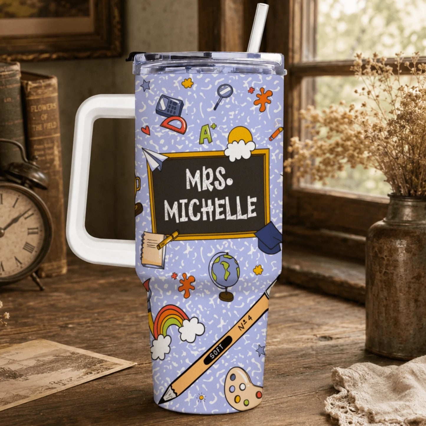 Customized Mrs Michelle school supplies tumbler with colorful classroom pattern perfect for back to school teacher gift