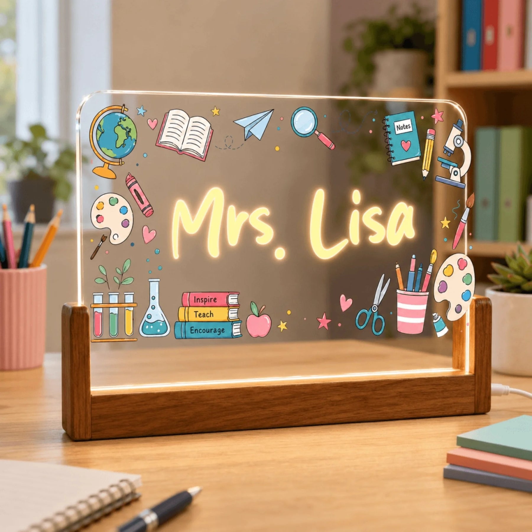 A personalized glowing acrylic plaque displaying 'Mrs. Lisa' and school-themed graphics, resting on a wooden base in a bright room setting.