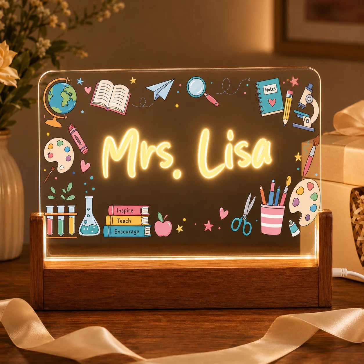 Decorative sign with 'Mrs. Lisa' on a wooden stand, surrounded by educational-themed decorations.