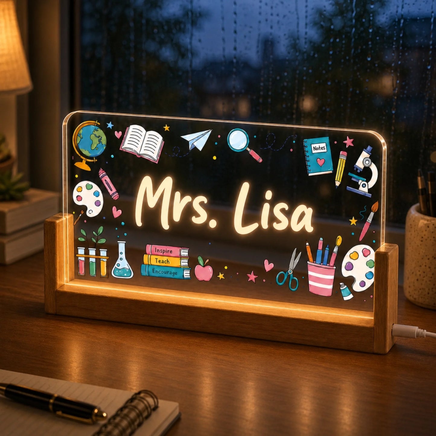 An illuminated personalized acrylic plaque for a teacher, featuring 'Mrs. Lisa' and various educational icons, on a desk in front of a rainy window.