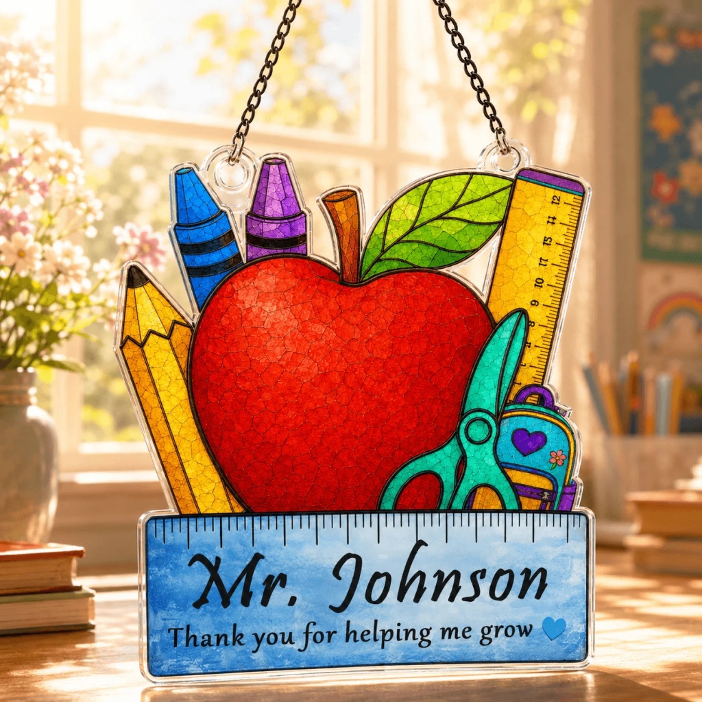 Stained glass-style teacher suncatcher with apple and school supply design