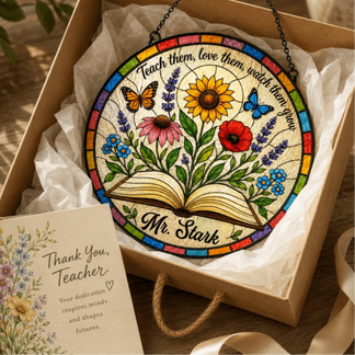 Teacher suncatcher with stained glass floral book and butterfly design
