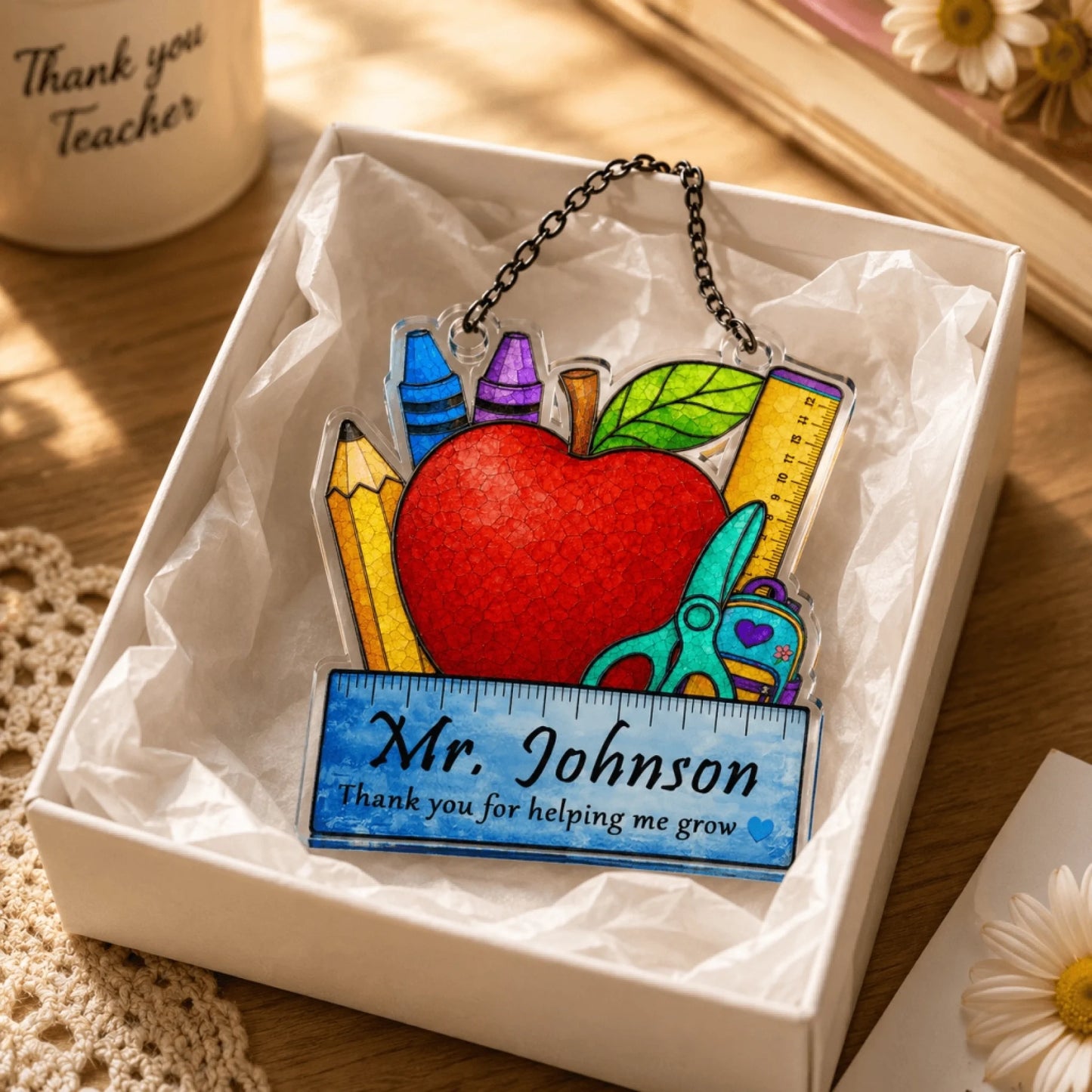 Personalized teacher suncatcher hanging on window – school appreciation gift