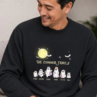 Black Halloween crewneck sweatshirt personalized with ghost characters and family names for a fun spooky season gift.