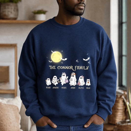 Personalized ghost family Halloween sweatshirt featuring custom names for a fun seasonal gift for family members.