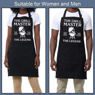 Black cooking apron featuring The Grill Master The Man The Myth The Legend design, shown on both men and women.