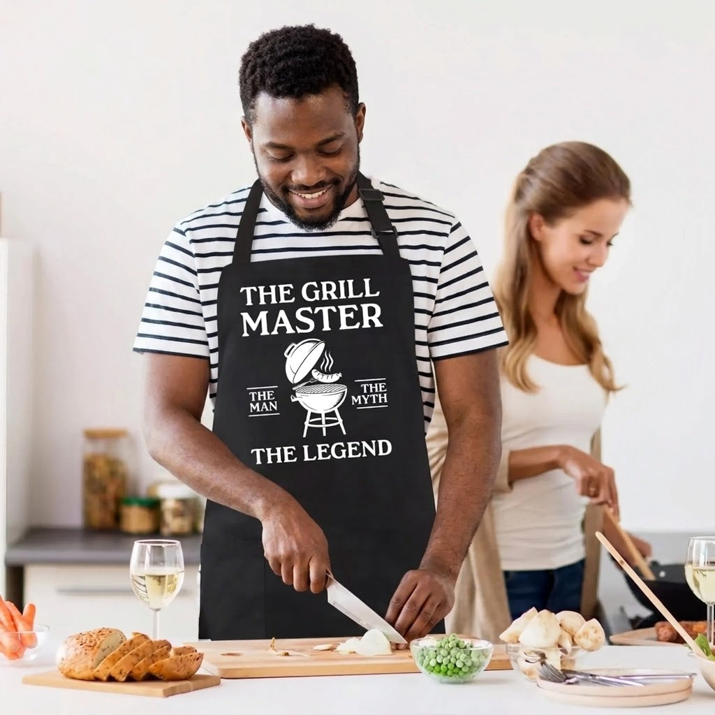 Man wearing a grill master apron while preparing vegetables, featuring a funny grill theme design for cooking lovers.