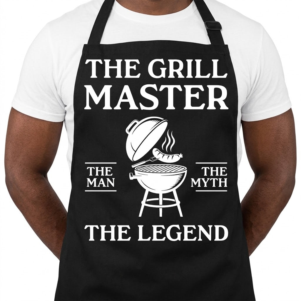Close up of a black grill master apron with a white graphic of a grill and the text The Man The Myth The Legend.