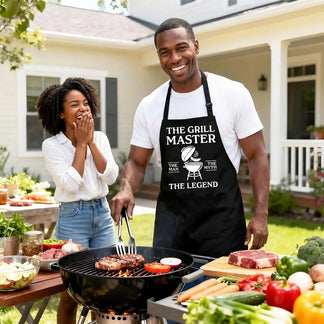 A man wearing a grill master apron cooking at a backyard barbecue, perfect for a Father Day or birthday gift.