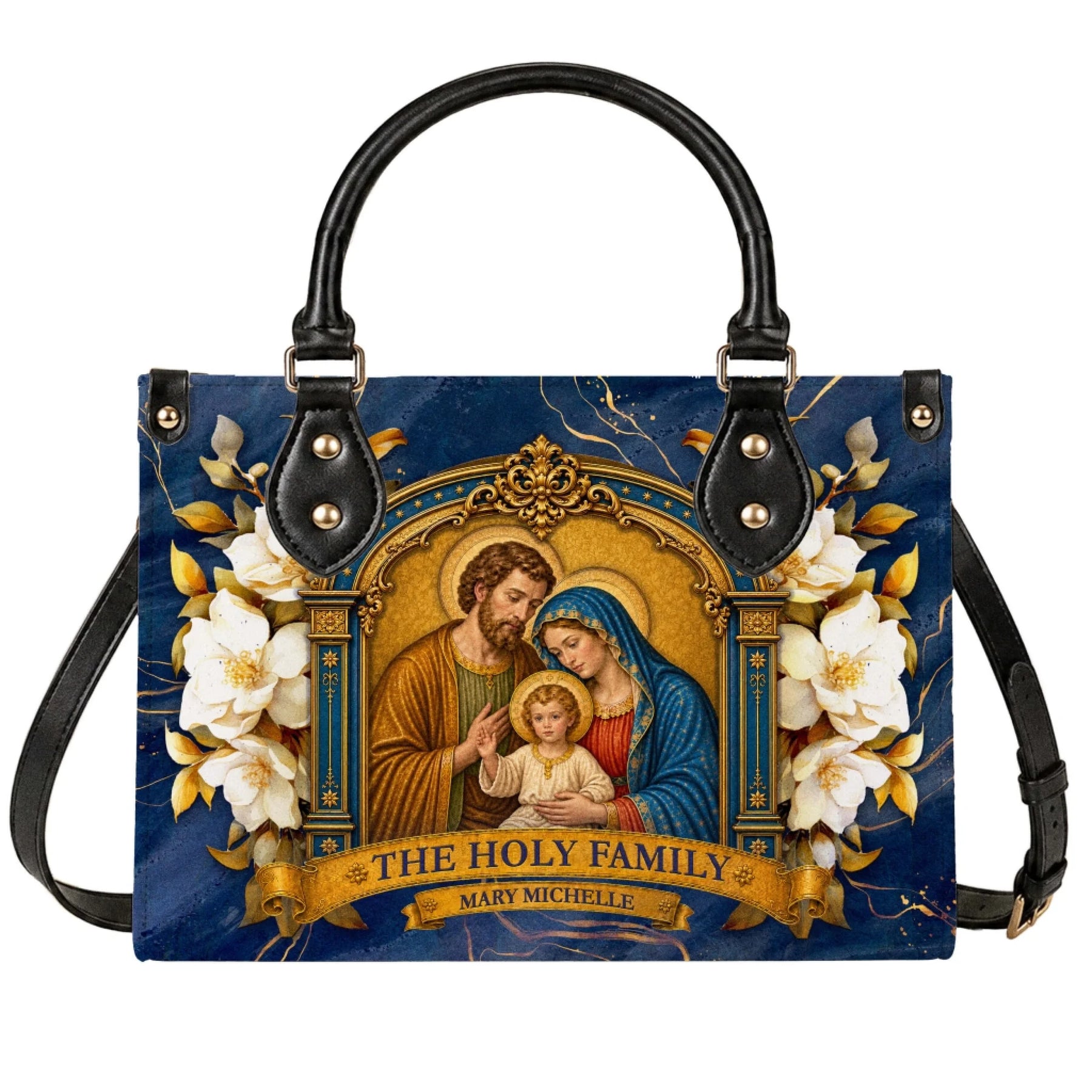A personalized PU leather handbag featuring The Holy Family artwork, elegant floral details, and custom name text.