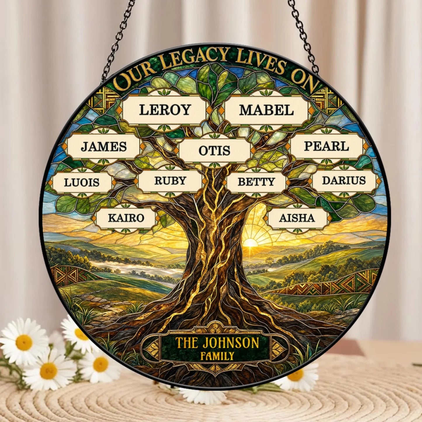 Personalized family tree acrylic suncatcher featuring names like Leroy and Mabel as a thoughtful custom memorial gift.