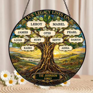 Personalized family tree acrylic suncatcher featuring names like Leroy and Mabel as a thoughtful custom memorial gift.
