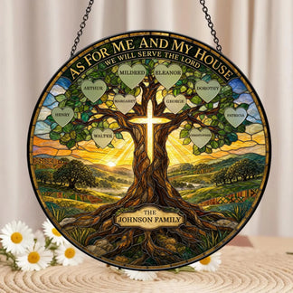 Stained glass suncatcher honoring the Johnson family with a tree of life, cross, and inspirational faith quote for home.